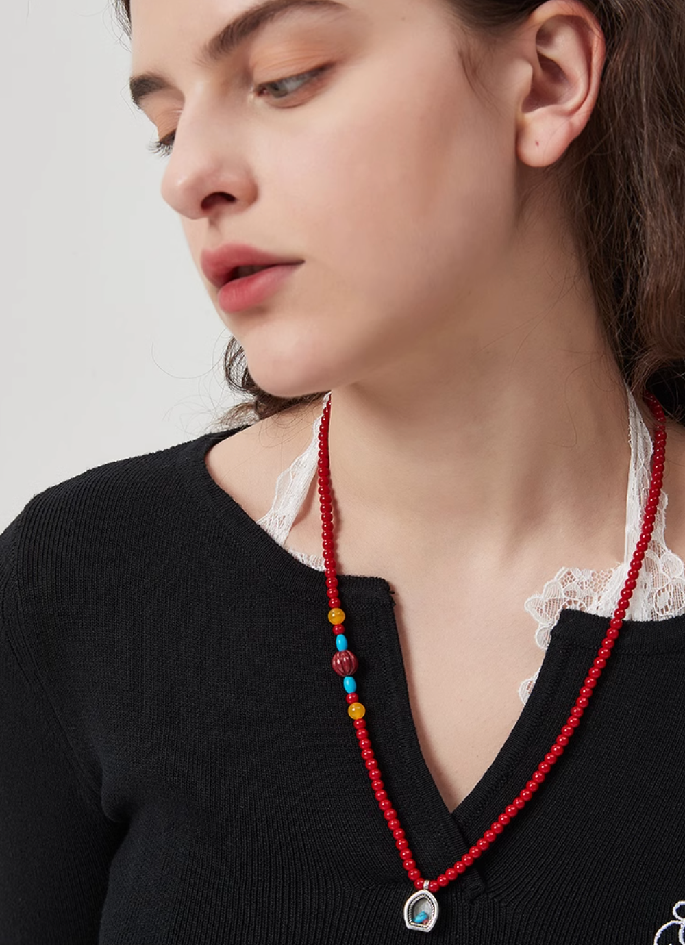 AWE Copper Box Pendant Red Beaded Necklace
