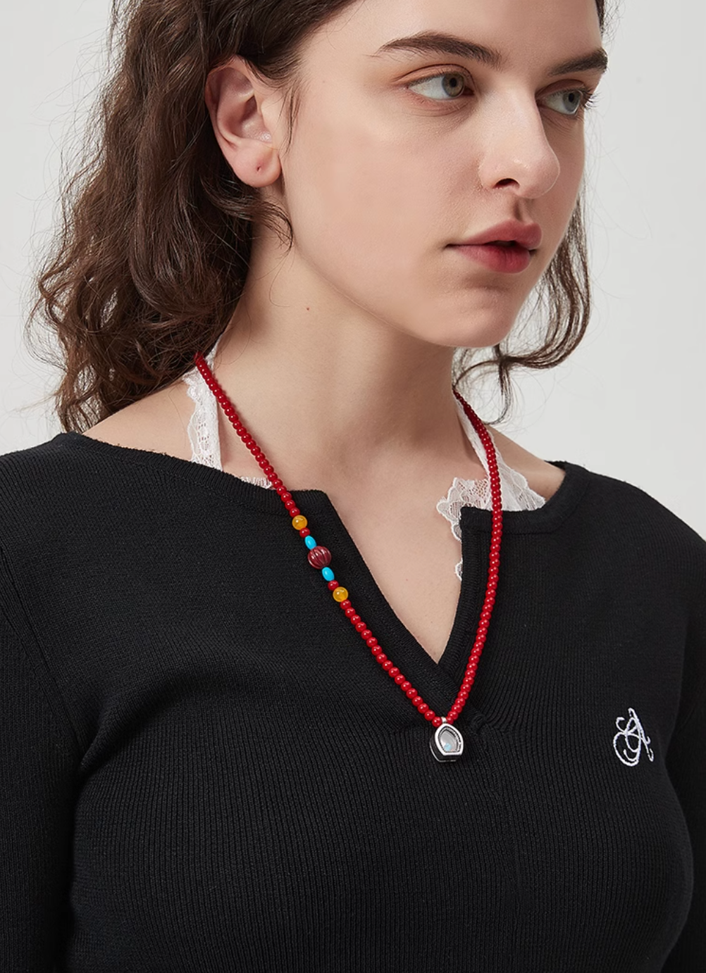AWE Copper Box Pendant Red Beaded Necklace