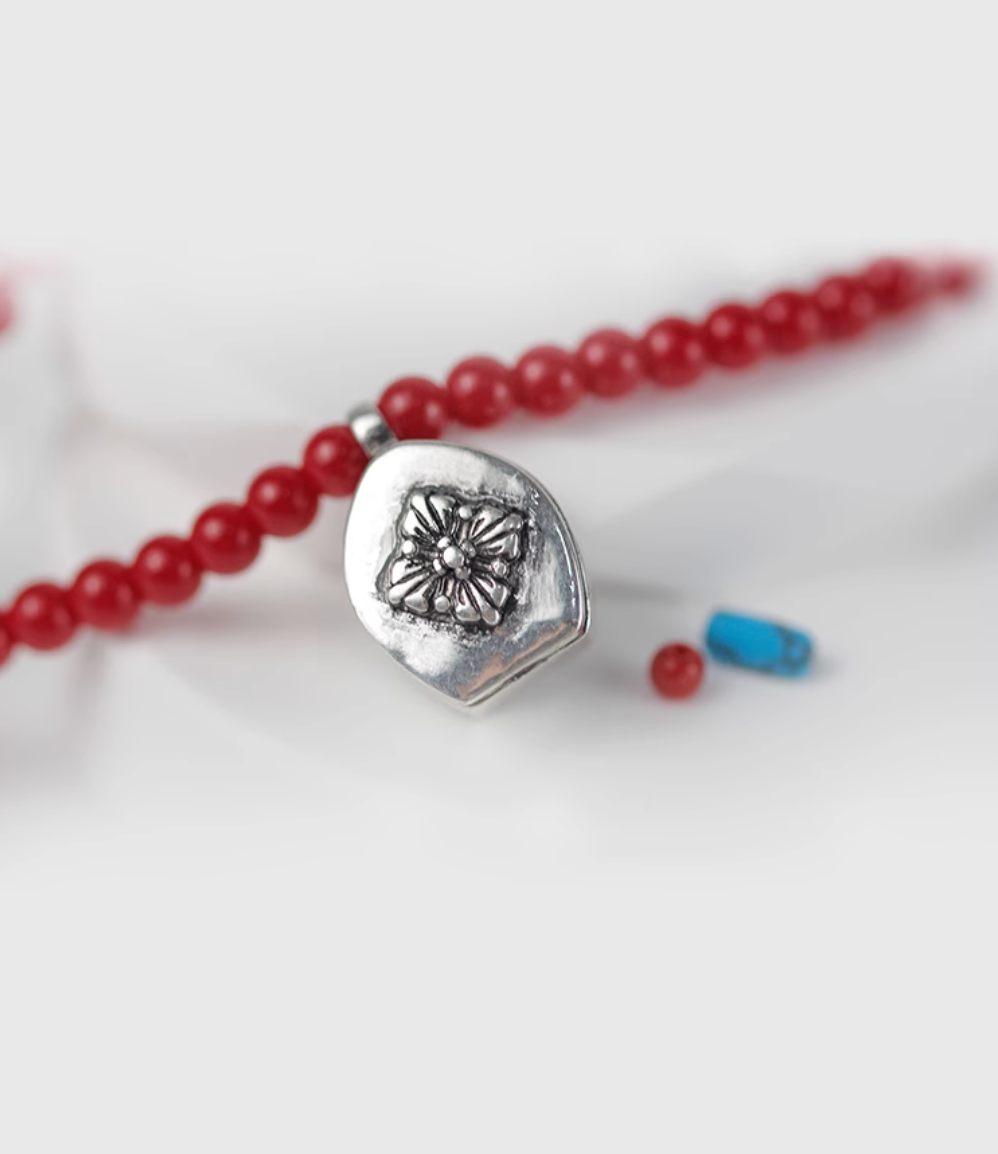 AWE Copper Box Pendant Red Beaded Necklace