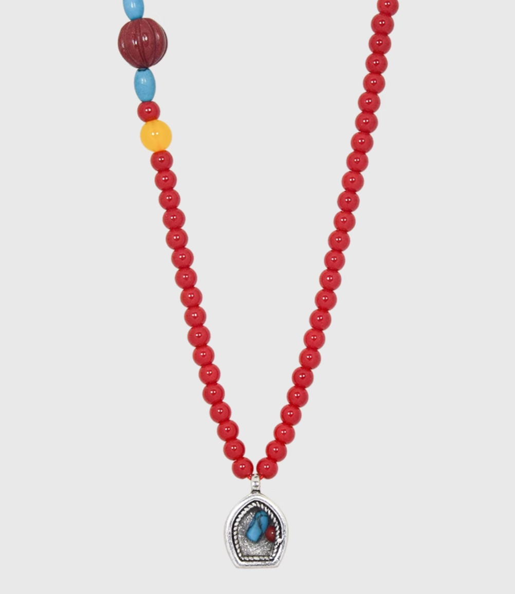 AWE Copper Box Pendant Red Beaded Necklace