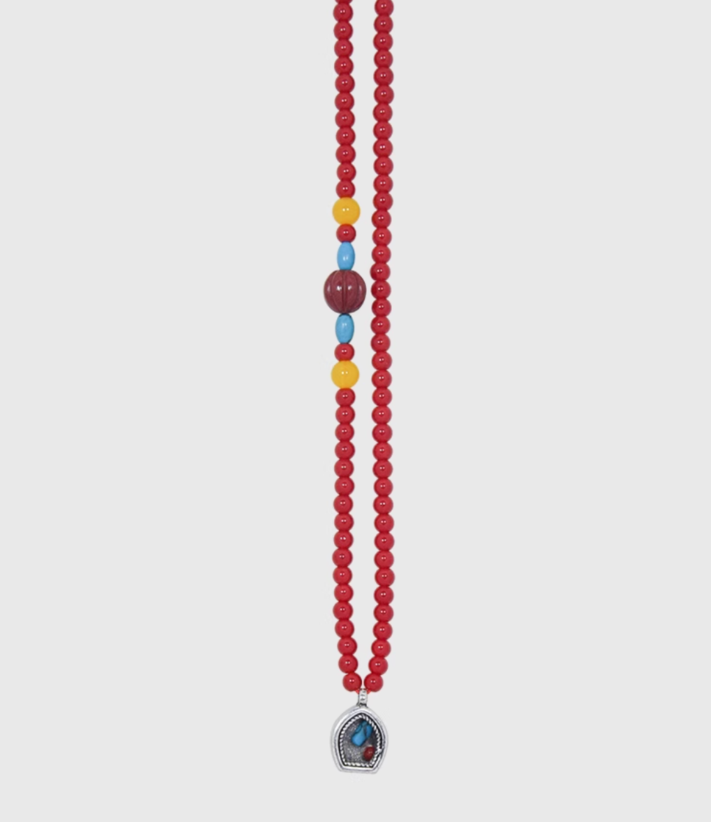 AWE Copper Box Pendant Red Beaded Necklace