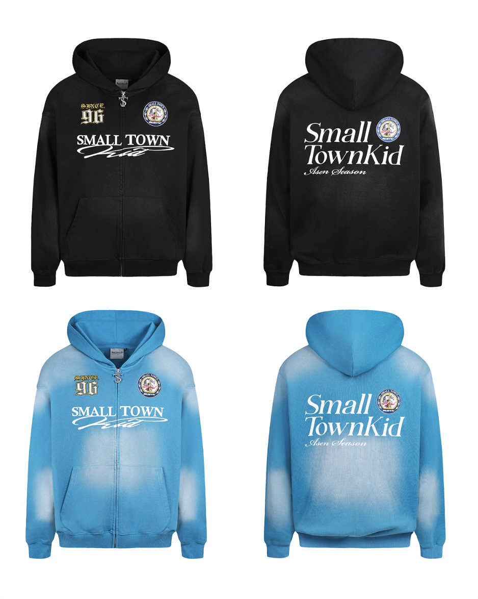 Small Town Kid Washed Badge Letter Printed Zip-Up Hoodie