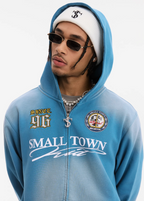 Small Town Kid Washed Badge Letter Printed Zip-Up Hoodie