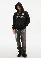 Small Town Kid Washed Badge Letter Printed Zip-Up Hoodie