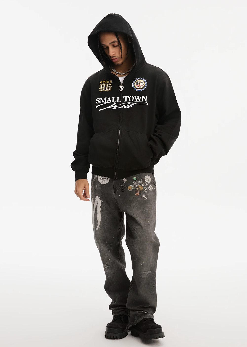 Small Town Kid Washed Badge Letter Printed Zip-Up Hoodie