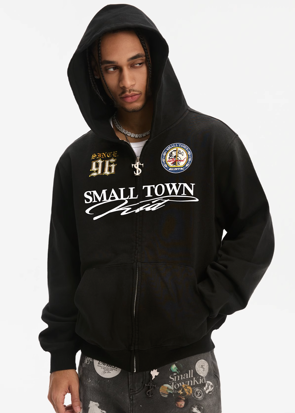 Small Town Kid Washed Badge Letter Printed Zip-Up Hoodie