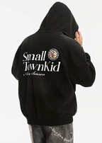 Small Town Kid Washed Badge Letter Printed Zip-Up Hoodie