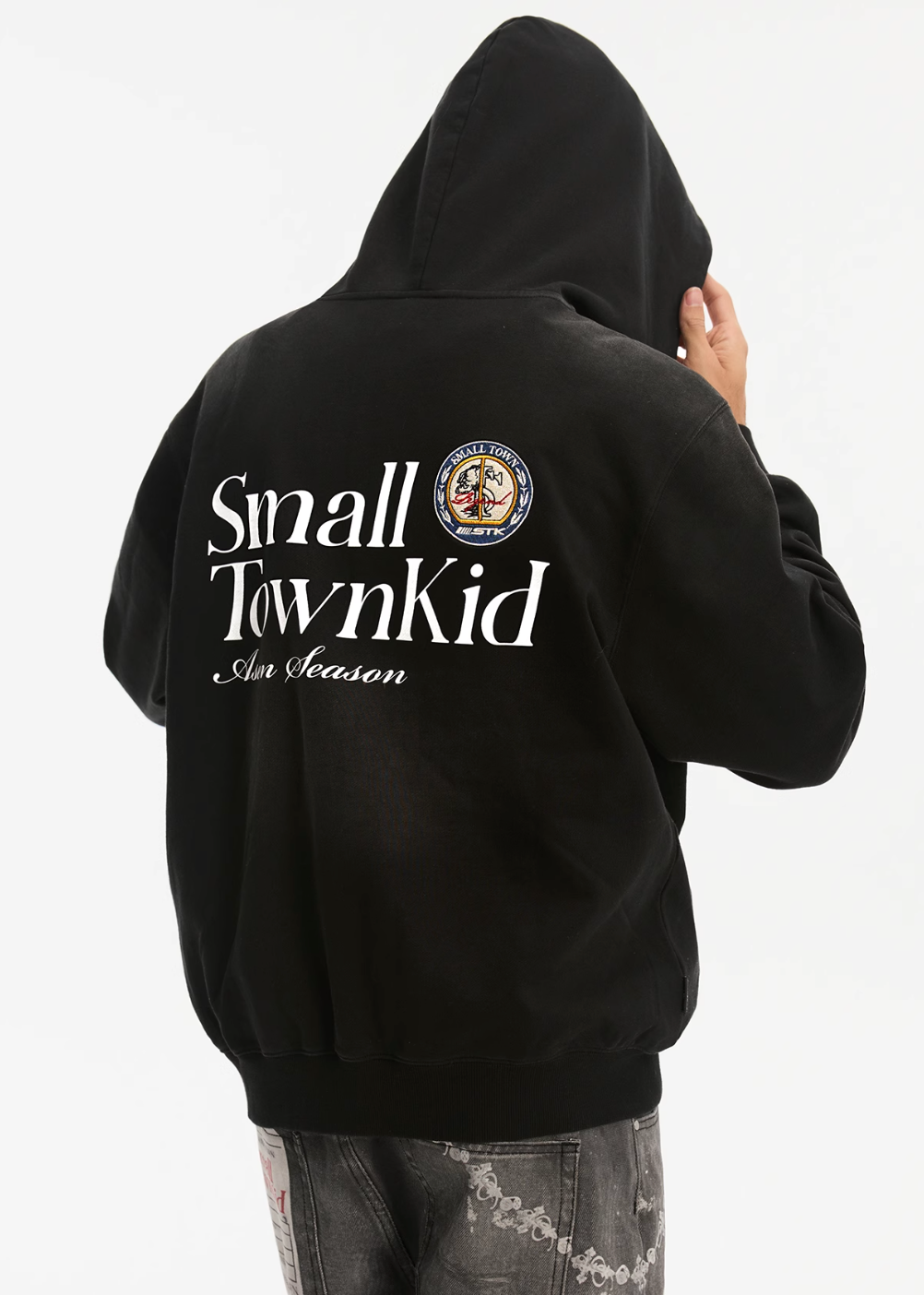 Small Town Kid Washed Badge Letter Printed Zip-Up Hoodie