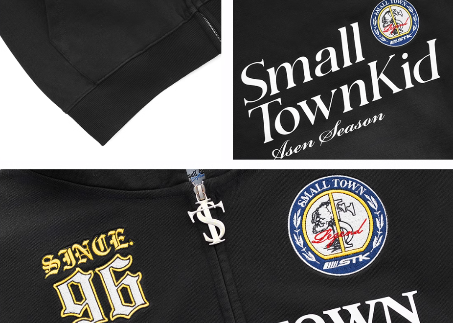 Small Town Kid Washed Badge Letter Printed Zip-Up Hoodie