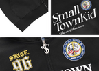 Small Town Kid Washed Badge Letter Printed Zip-Up Hoodie