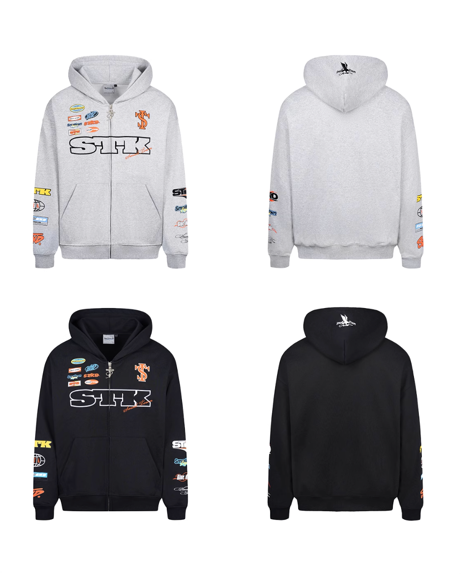 Small Town Kid Racing Badge Printed and Embroidered Zip-Up Hoodie
