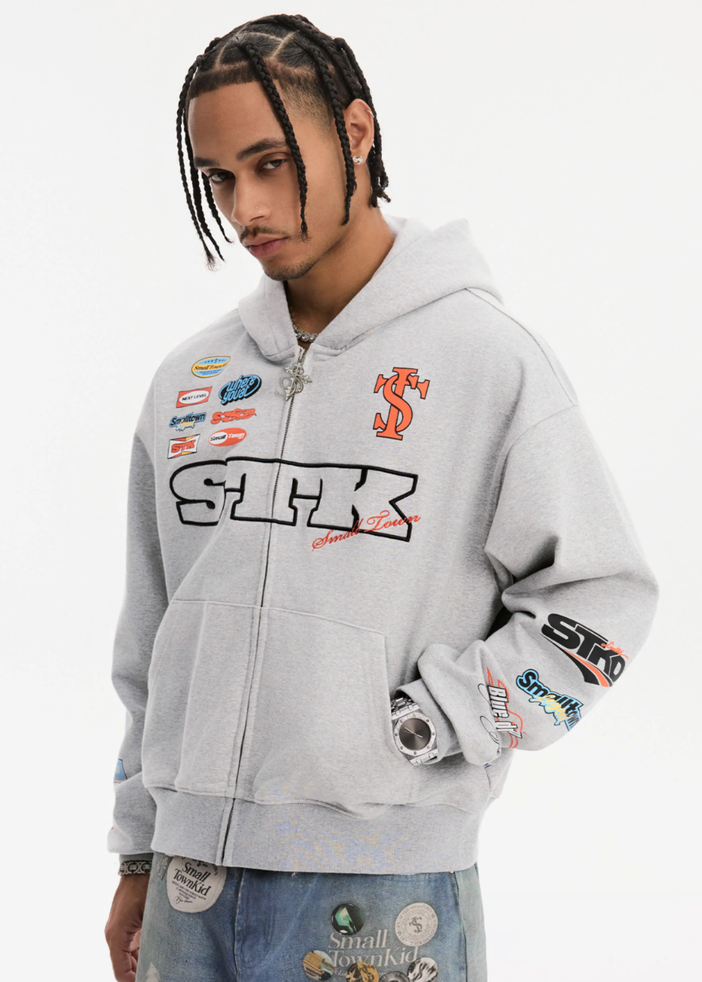 Small Town Kid Racing Badge Printed and Embroidered Zip-Up Hoodie