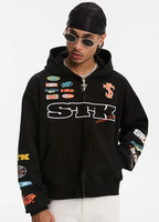 Small Town Kid Racing Badge Printed and Embroidered Zip-Up Hoodie
