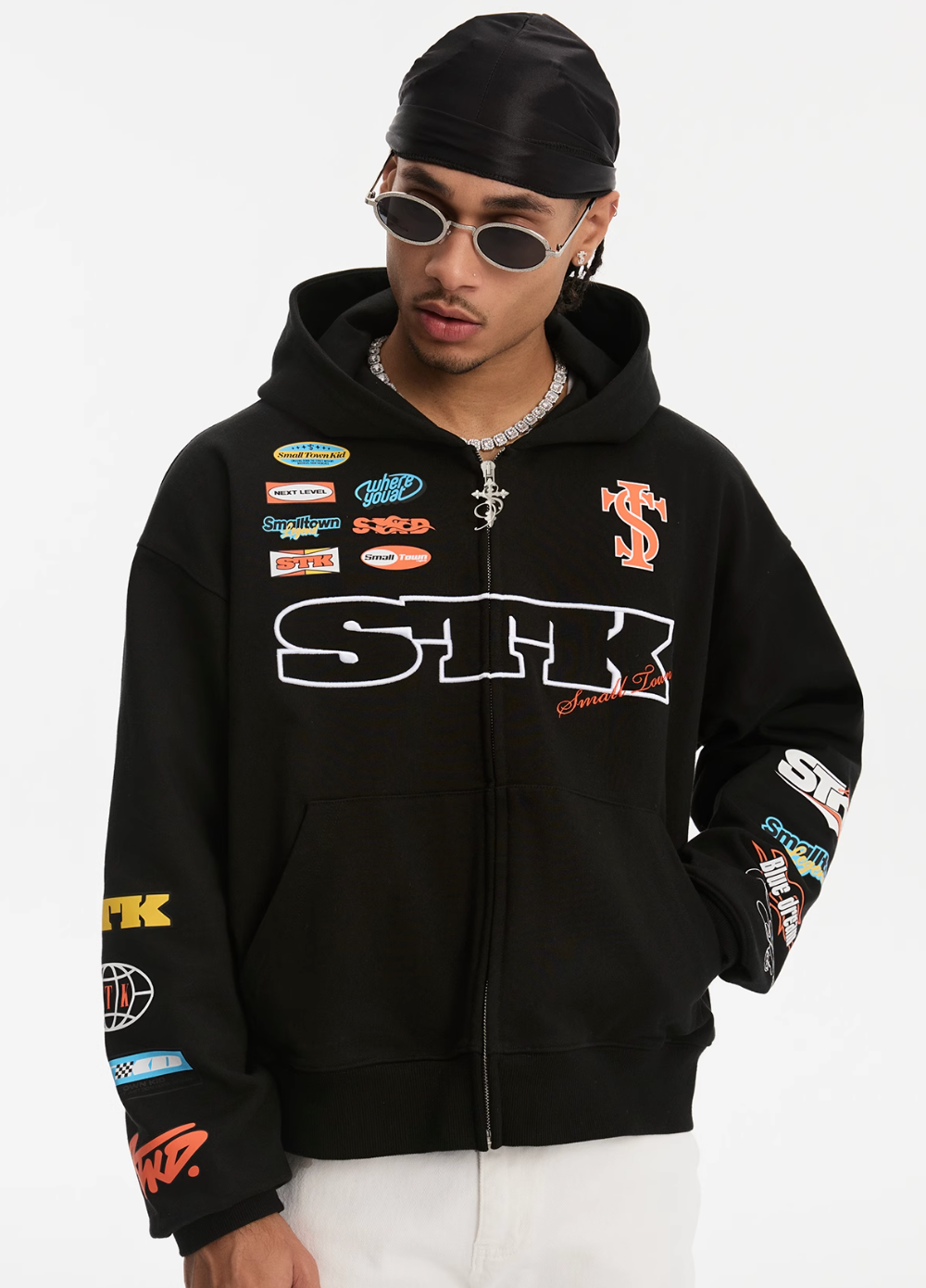 Small Town Kid Racing Badge Printed and Embroidered Zip-Up Hoodie