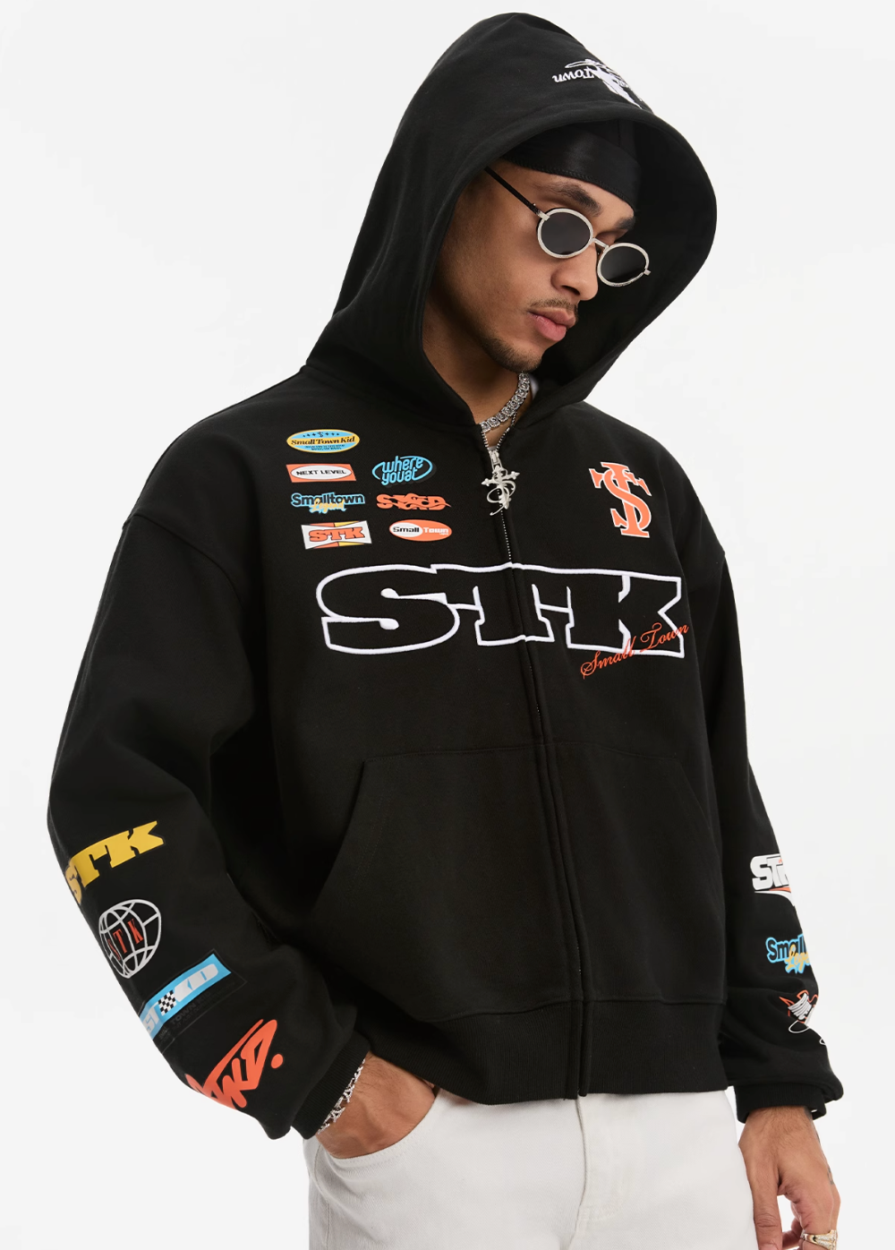 Small Town Kid Racing Badge Printed and Embroidered Zip-Up Hoodie