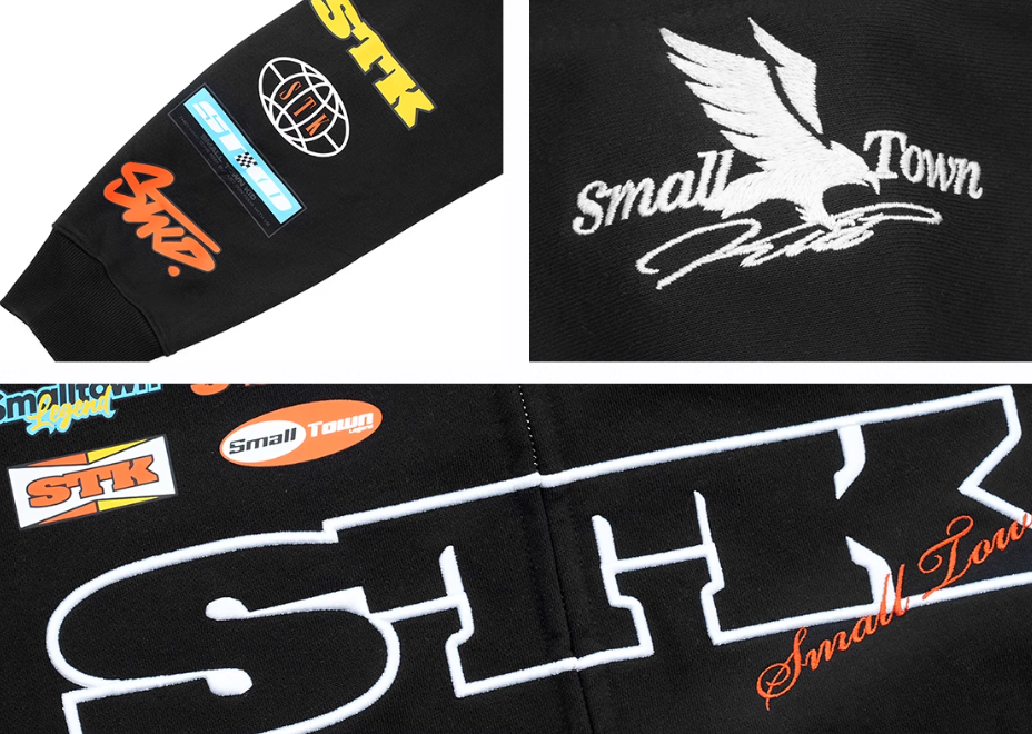 Small Town Kid Racing Badge Printed and Embroidered Zip-Up Hoodie