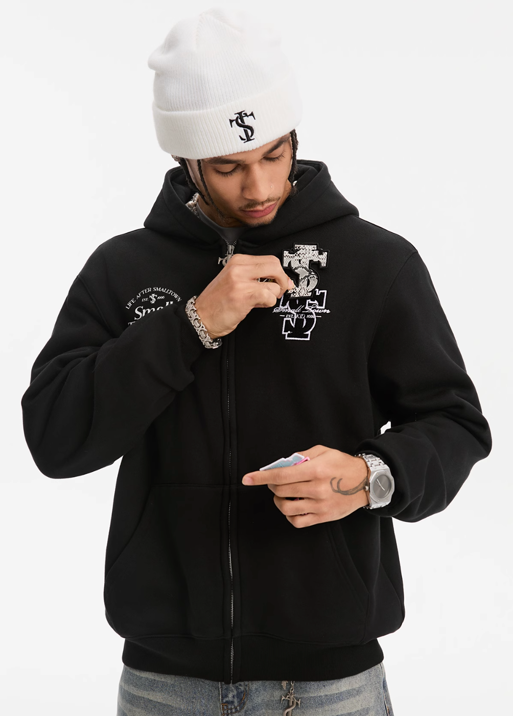 Small Town Kid Animal Textured Logo Velcro Zip-Up Hoodie