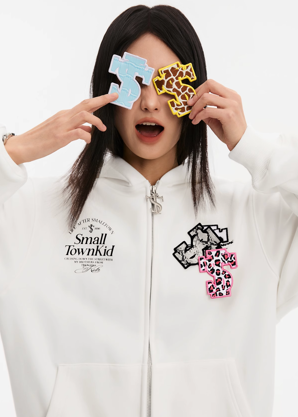 Small Town Kid Animal Textured Logo Velcro Zip-Up Hoodie