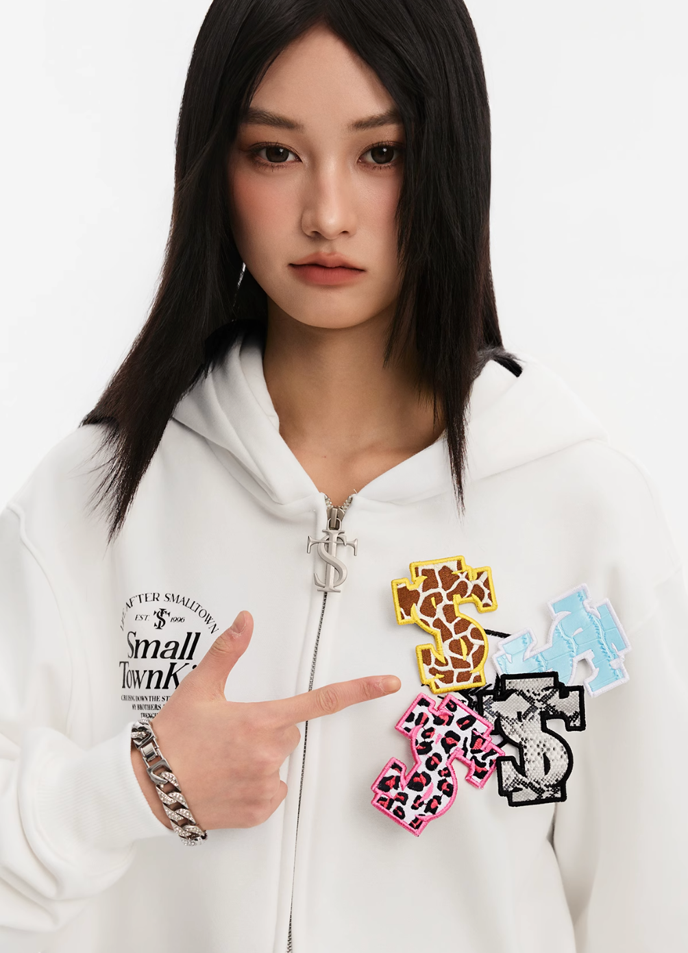 Small Town Kid Animal Textured Logo Velcro Zip-Up Hoodie