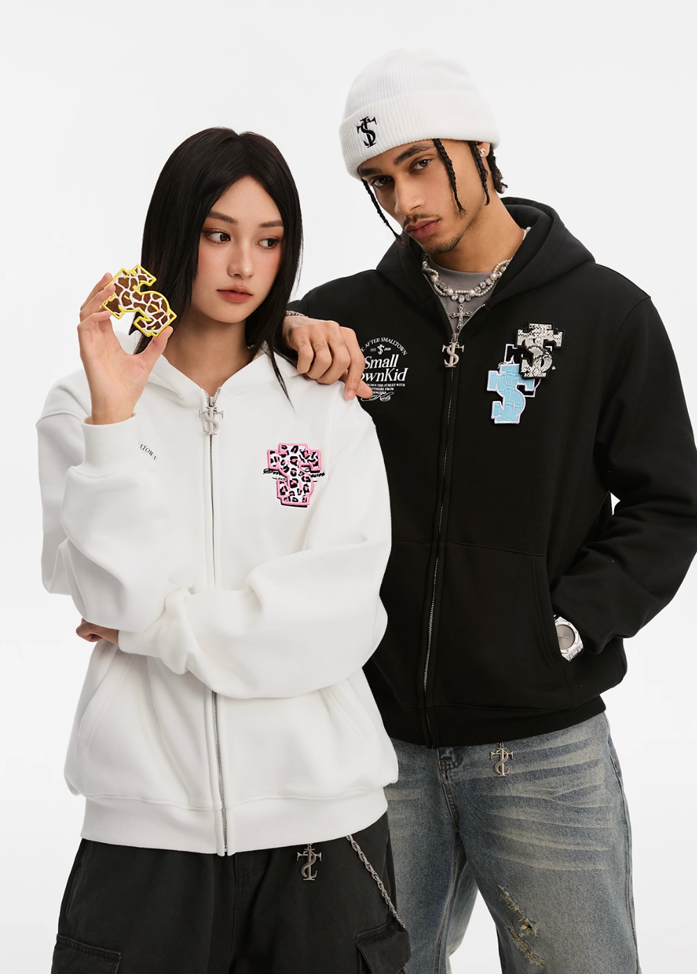 Small Town Kid Animal Textured Logo Velcro Zip-Up Hoodie