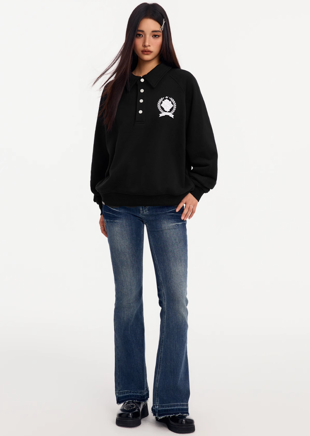 Small Town Kid Badge Embroidered Polo Sweatshirt