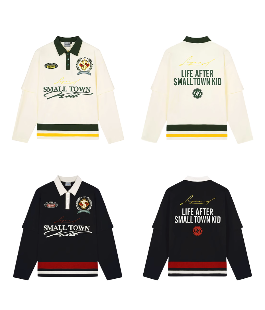 Small Town Kid 3D Embroidered Badge Fake Two-Piece Long-Sleeve Polo