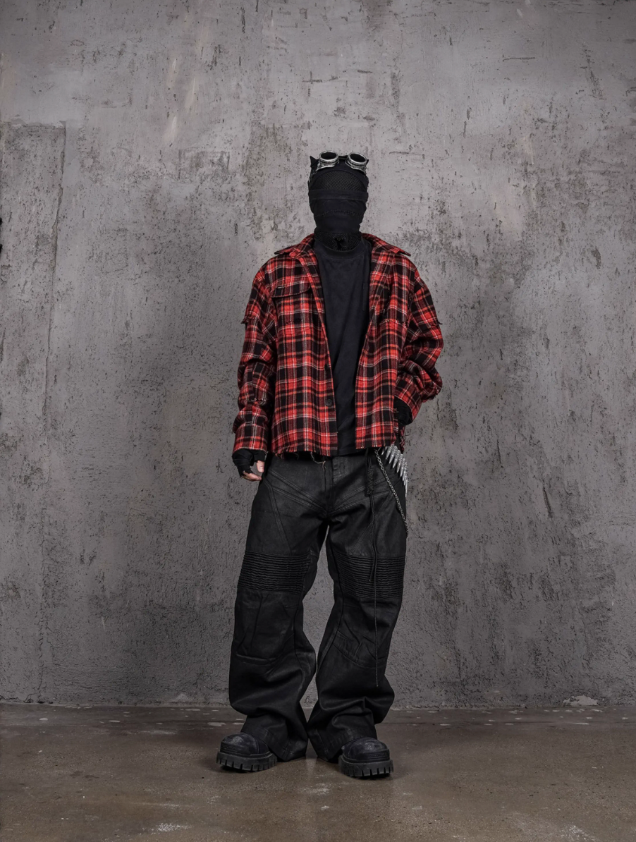UNDERWATER Scarlet Plaid Deconstructed Destroyed Shirt Jacket