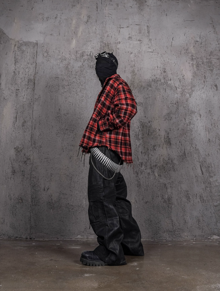 UNDERWATER Scarlet Plaid Deconstructed Destroyed Shirt Jacket