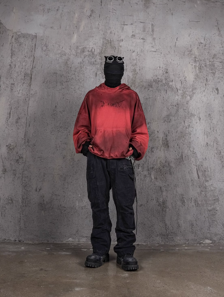 UNDERWATER Ashes Red Dirty Dye Old Deconstructed Destruction Hoodie