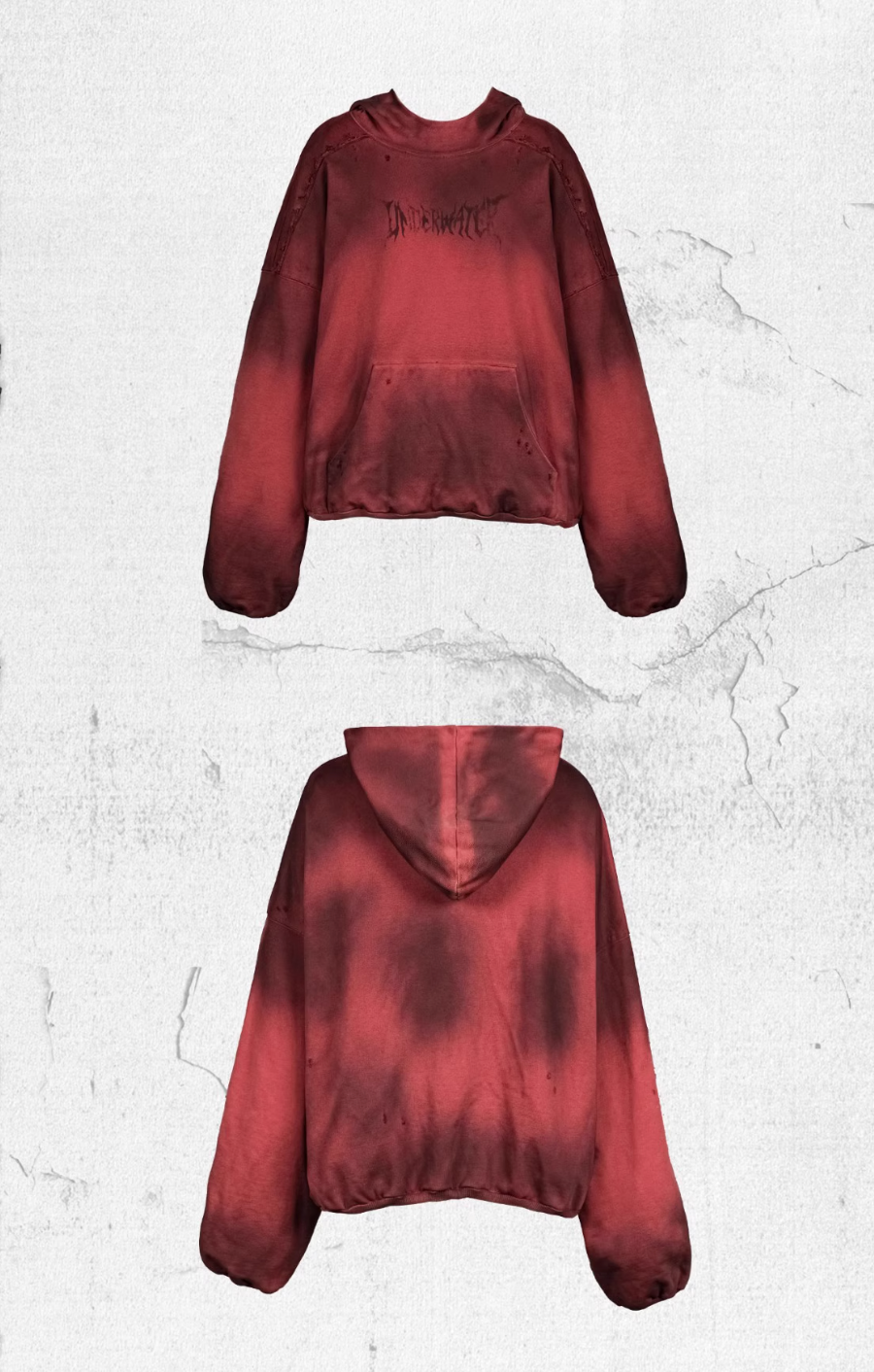 UNDERWATER Ashes Red Dirty Dye Old Deconstructed Destruction Hoodie