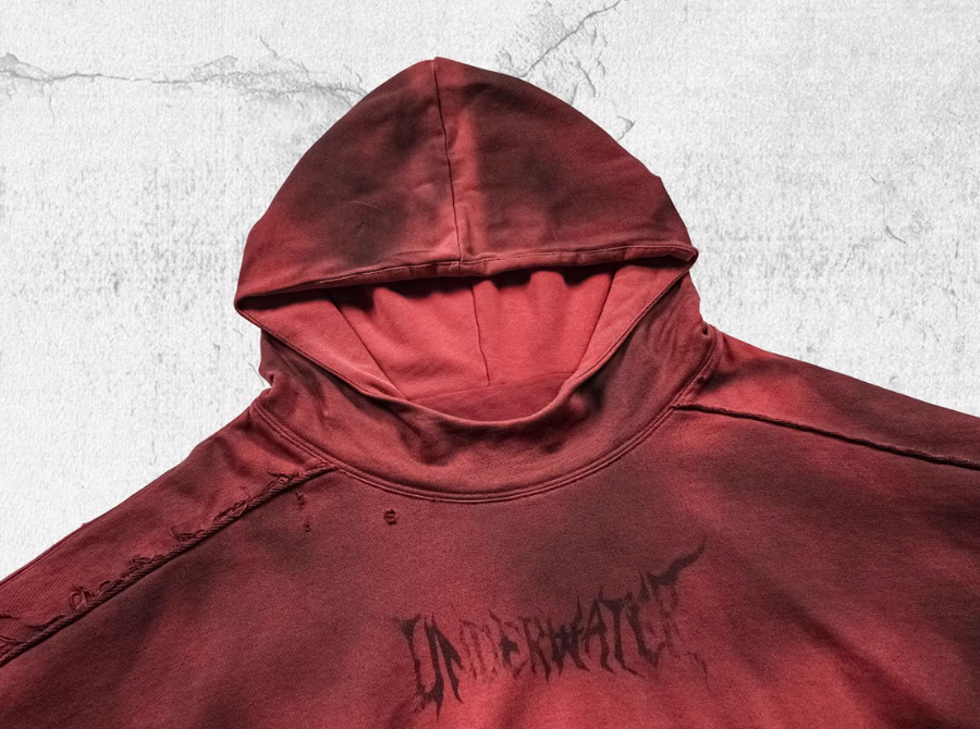 UNDERWATER Ashes Red Dirty Dye Old Deconstructed Destruction Hoodie