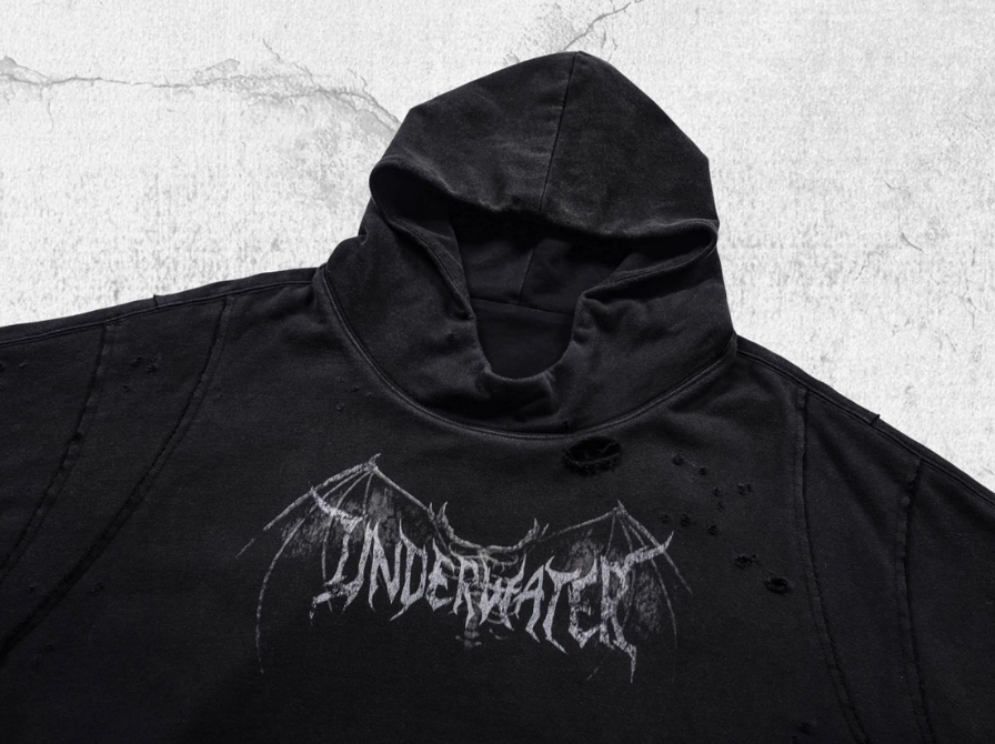 UNDERWATER Dust Black Deconstructed Destruction Hoodie