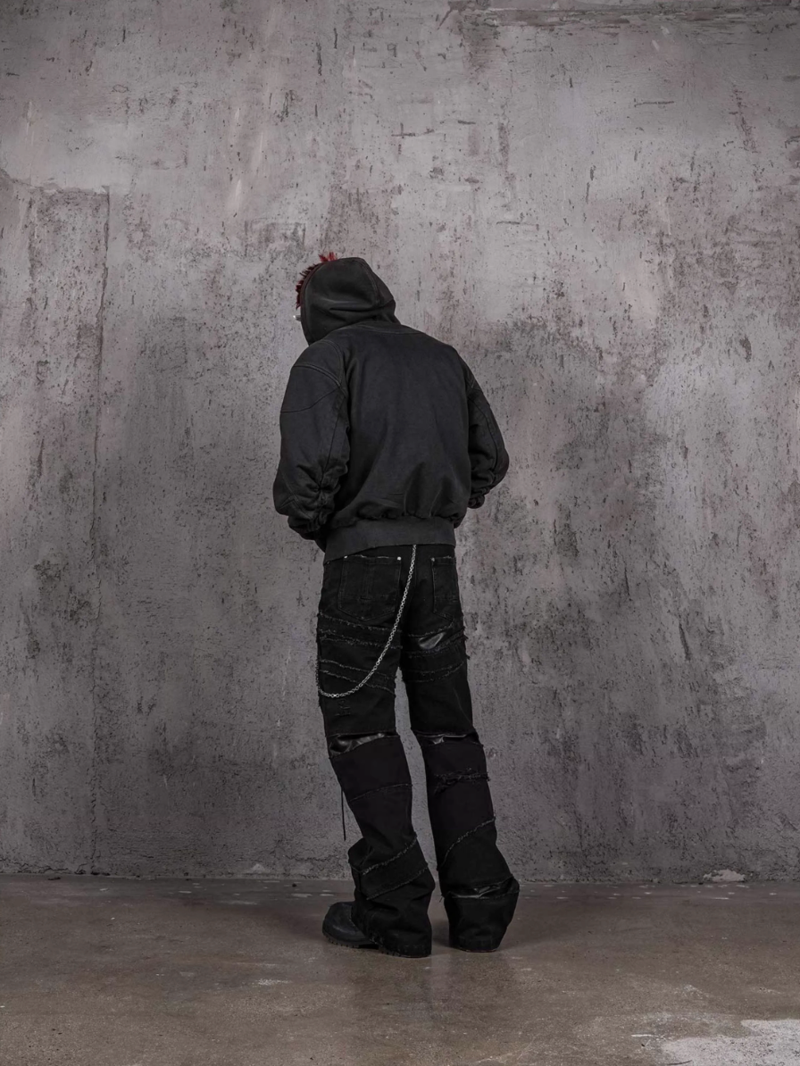 UNDERWATER Aged Silhouette Shirred Biker Armor Zip-Up Hoodie