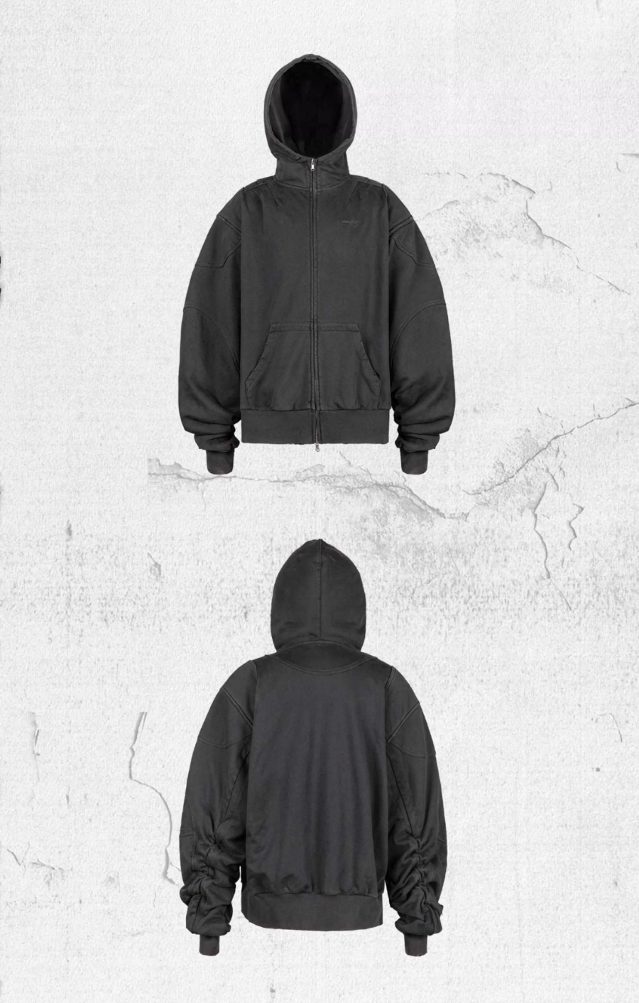 UNDERWATER Aged Silhouette Shirred Biker Armor Zip-Up Hoodie