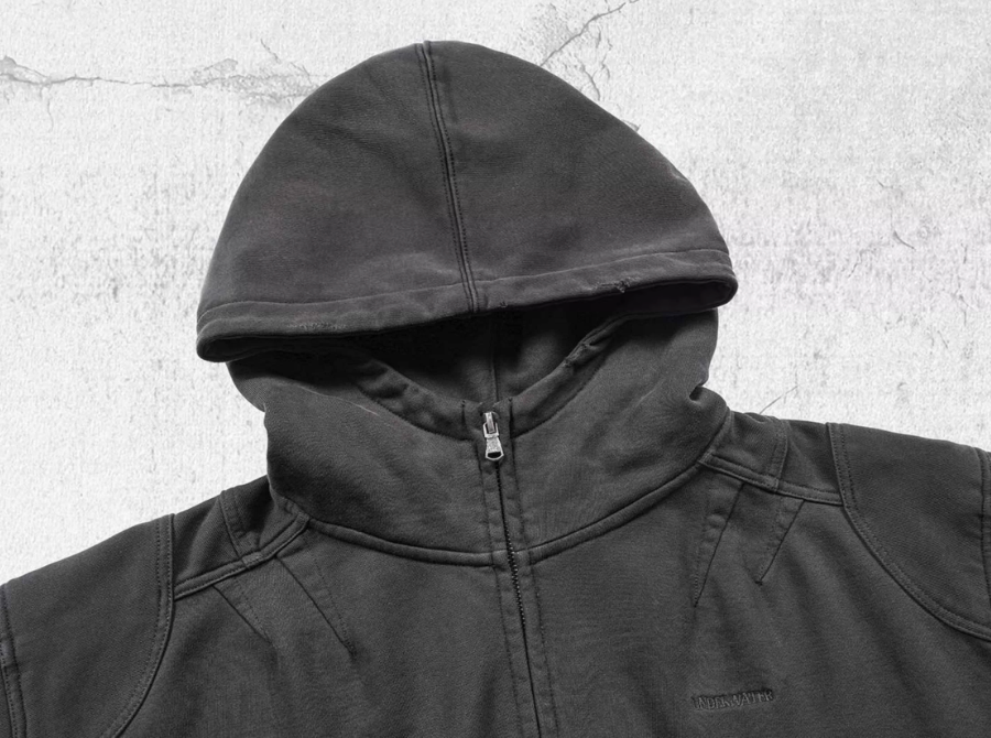 UNDERWATER Aged Silhouette Shirred Biker Armor Zip-Up Hoodie