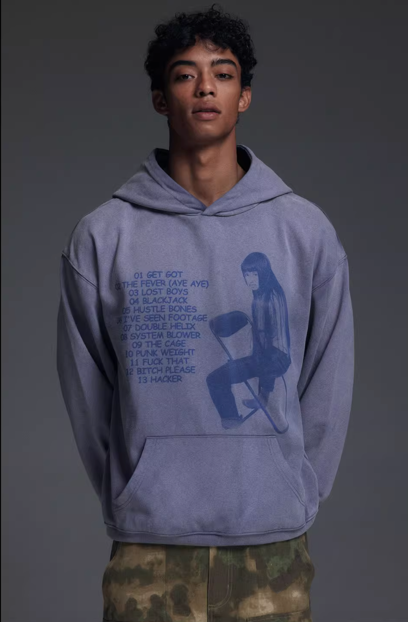 NOVACAM Washed Distressed Vintage Print Hoodie