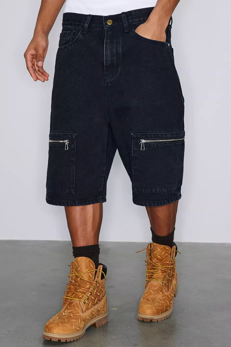 NOVACAM Washed Denim Zip Pocket Work Baggy Shorts