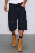 NOVACAM Washed Denim Zip Pocket Work Baggy Shorts