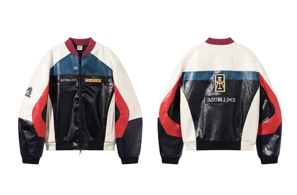 BLIND NO PLAN Colorblocked Embroidered Racing Leather Jacket