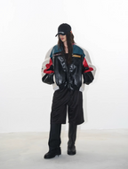 BLIND NO PLAN Colorblocked Embroidered Racing Leather Jacket