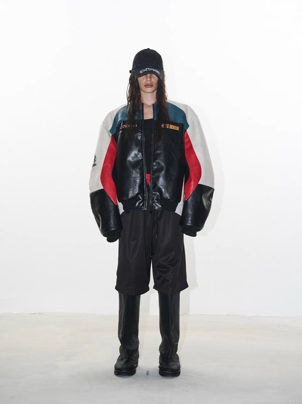 BLIND NO PLAN Colorblocked Embroidered Racing Leather Jacket