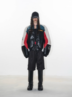 BLIND NO PLAN Colorblocked Embroidered Racing Leather Jacket