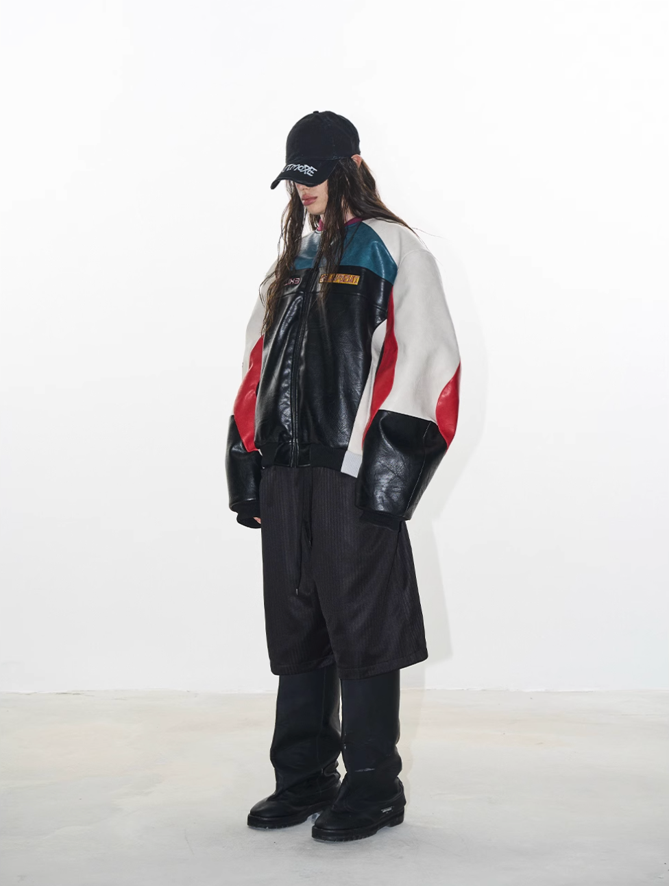 BLIND NO PLAN Colorblocked Embroidered Racing Leather Jacket