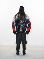 BLIND NO PLAN Colorblocked Embroidered Racing Leather Jacket