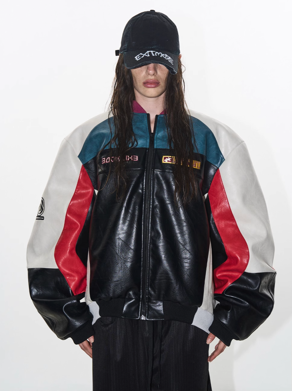 BLIND NO PLAN Colorblocked Embroidered Racing Leather Jacket