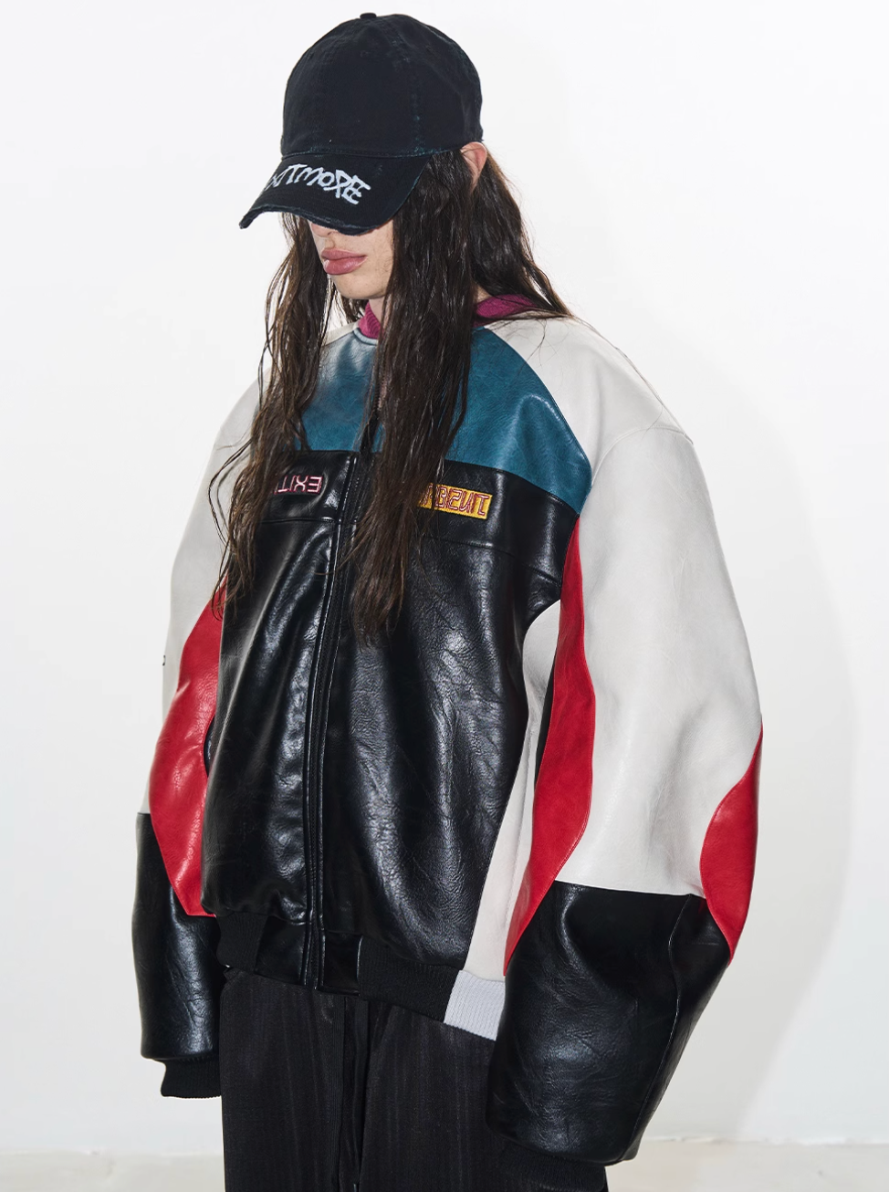 BLIND NO PLAN Colorblocked Embroidered Racing Leather Jacket
