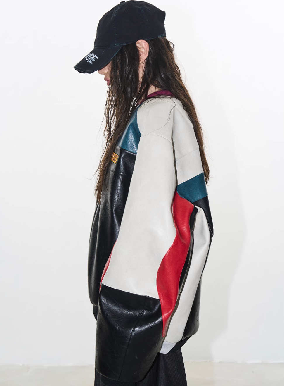 BLIND NO PLAN Colorblocked Embroidered Racing Leather Jacket