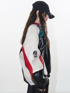 BLIND NO PLAN Colorblocked Embroidered Racing Leather Jacket