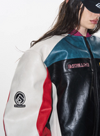 BLIND NO PLAN Colorblocked Embroidered Racing Leather Jacket