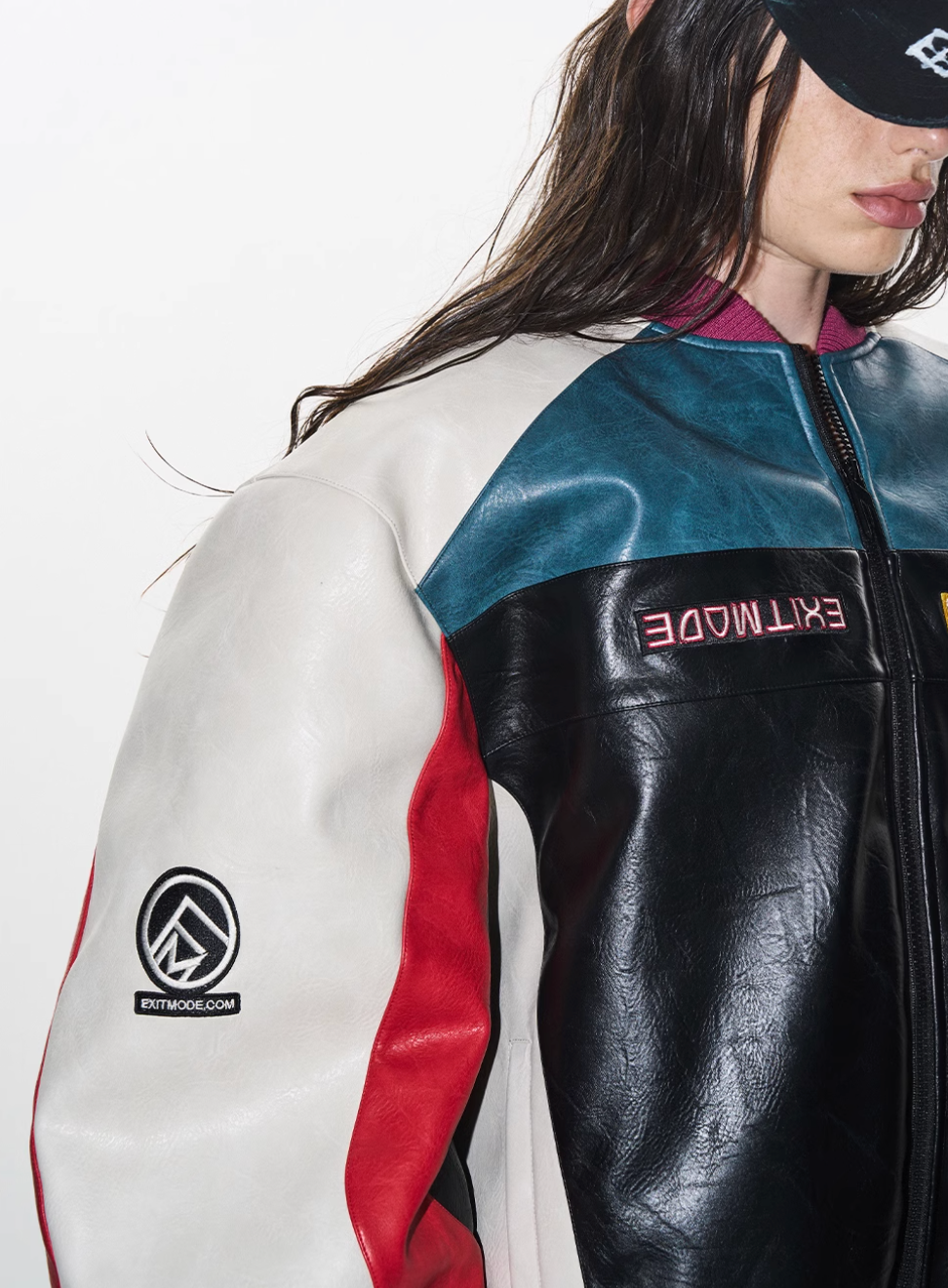 BLIND NO PLAN Colorblocked Embroidered Racing Leather Jacket